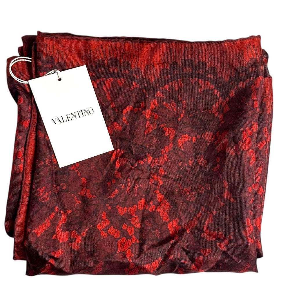 Valentino Foulard Red Lace Pattern Silk Scarf NWT